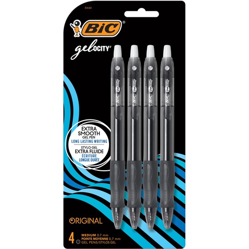 BIC Gel-ocity Gel Pen - Medium Pen Point - 0.7 mm Pen Point Size - Retractable - Black Gel-based Ink - Translucent Barrel - 4 Pack