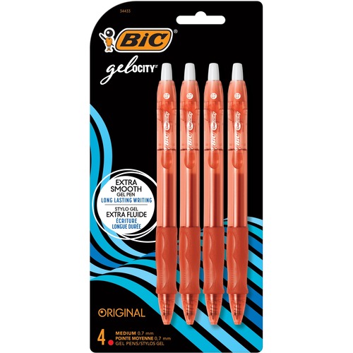 BIC Gel-ocity Gel Pen - Medium Pen Point - 0.7 mm Pen Point Size - Retractable - Red Gel-based Ink - Translucent Barrel - 4 Pack