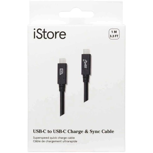 iStore USB-C to USB-C Charge & Sync Cable - 3.28 ft USB-C Data Transfer Cable - First End: 1 x USB 3.1 (Gen 2) Type C Male - Second End: 1 x USB 3.1 (Gen 2) Type C Male - 10 Gbit/s - Black