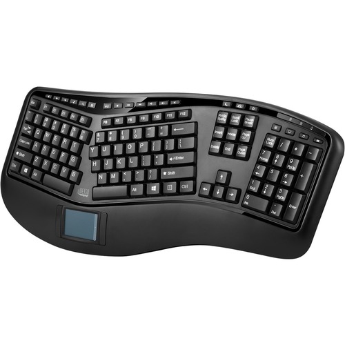 Adesso 2.4GHz Wireless Ergonomic Touchpad Keyboard - Wireless Connectivity - RF - 30 ft - 2.40 GHz - USB Interface - 105 Key Previous Track, Next Track, Play/Pause, Volume Up, Volume Down, Mute, Forward, Search, Wake-up, My Computer, Sleep, ... Hot Key(s)