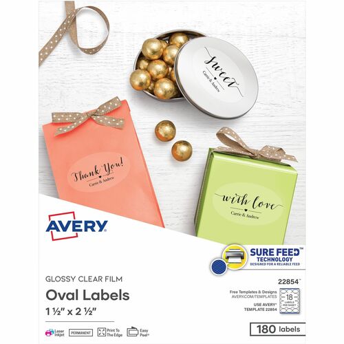 Avery® Sure Feed Glossy Labels - 1 1/2" Width x 2 1/2" Length - Permanent Adhesive - Oval - Laser, Inkjet - Crystal Clear - Film - 18 / Sheet - 10 Total Sheets - 180 Total Label(s) - 180 / Pack