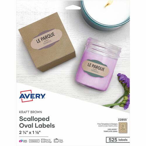 Avery® Multipurpose Label - 2 1/4" Width x 1 1/8" Length - Permanent Adhesive - Oval Scallop - Laser, Inkjet - Kraft Brown - Paper - 21 / Sheet - 25 Total Sheets - 525 Total Label(s) - 5