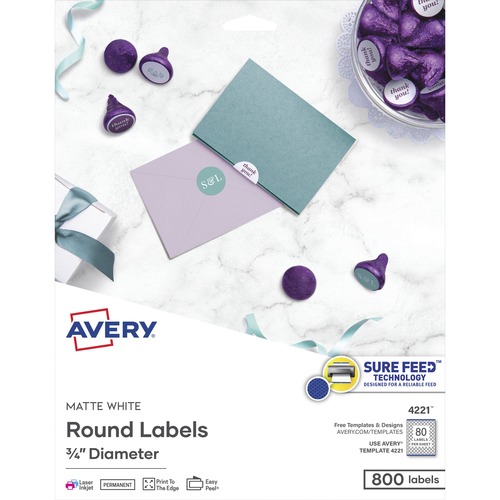 Avery® Multipurpose Label - - Width3/4" Diameter - Permanent Adhesive - Round - Laser, Inkjet - White - Paper - 80 / Sheet - 10 Total Sheets - 800 Total Label(s) - 6