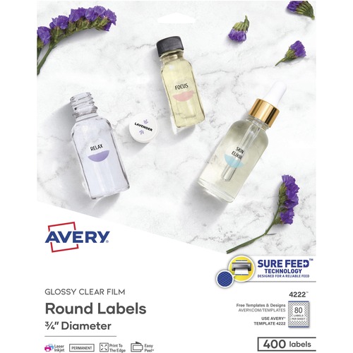 Avery® Sure Feed Glossy Clear Round Labels - - Width3/4" Diameter - Permanent Adhesive - Round - Laser, Inkjet - Crystal Clear - Film - 80 / Sheet - 5 Total Sheets - 400 Total Label(s) - 400 / Pack