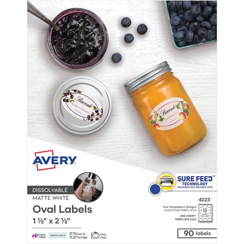 Avery® Oval Dissolvable Labels - 1 1/2" Width x 2 1/2" Length - Oval - Laser, Inkjet - White - Paper - 18 / Sheet - 5 Total Sheets - 90 Total Label(s) - 90 / Pack