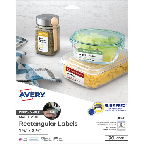 Avery® Dissolvable Rectangle Labels - 1 1/4" Width x 2 3/8" Length - Rectangle - Laser, Inkjet - White - Paper - 18 / Sheet - 5 Total Sheets - 90 Total Label(s) - 90 / Pack