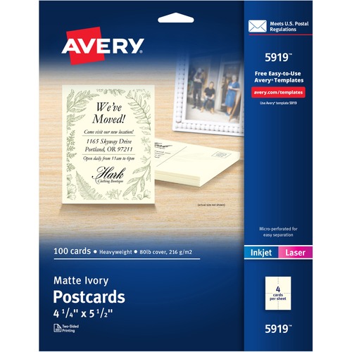 Avery® Postcards, Ivory, Two-Sided, 4-1/4" x 5-1/2" , 100 Cards (5919) - 79 Brightness - 4 1/4" x 5 1/2" - Matte - 100 / Box - Rounded Corner, Sturdy, Double-sided, Printable, Uncoated, Perforated - Ivory