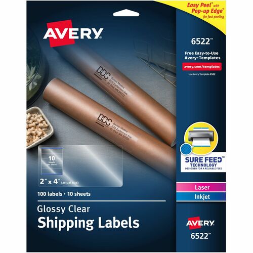 Picture of Avery&reg; Glossy Clear Shipping Labels, Sure Feed&reg; Technology, Laser/Inkjet, 2" x 4" , 100 Labels (6522)