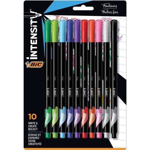 BIC Intensity Porous Point Pen - Fine Pen Point - 0.4 mm Pen Point Size - Assorted Water Based Ink - Metal Tip - 10 Pack