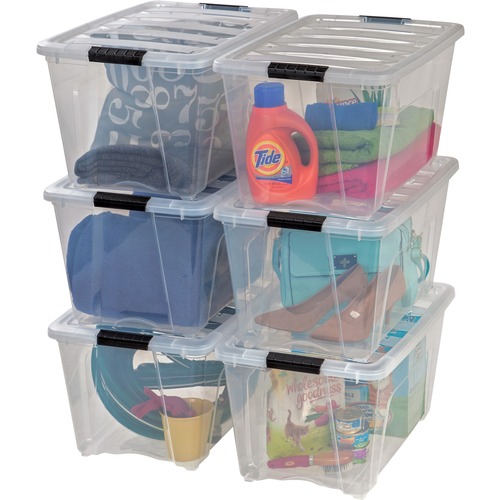 IRIS Stackable Clear Storage Boxes - Internal Dimensions: 16.10" Length x 11.60" Width x 12.20" Height - External Dimensions: 22" Length x 16.5" Width x 13" Height - 13.25 gal - Latch Lock, Buckle Closure - Stackable - Clear, Black - For Shoes, Blanket, E