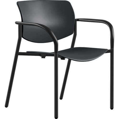 Lorell Stack Chairs with Arms - Plastic Seat - Plastic Back - Powder Coated, Black Tubular Steel Frame - Four-legged Base - Black - Plastic - Armrest - 2 / Carton