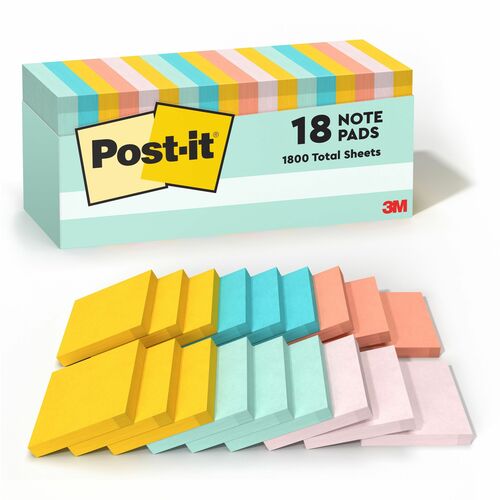 Post-it® Notes Cabinet Pack - 3" x 3" - Square - 100 Sheets per Pad - Unruled - Fresh Mint, Aqua Splash, Sunnyside, Papaya Fizz, Guava - Self-adhesive, Self-stick - 18 / Pack