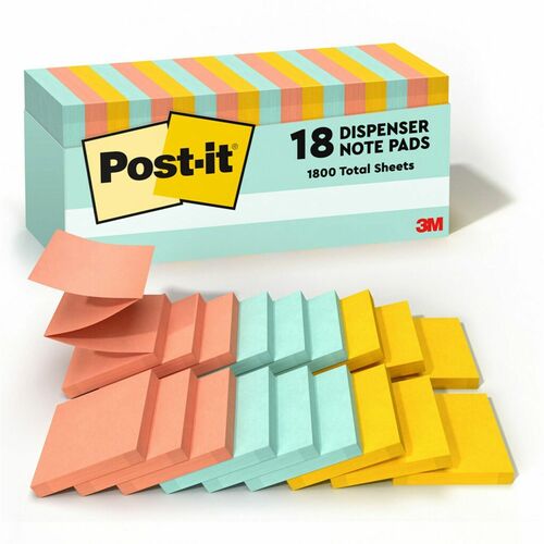 Post-it® Dispenser Notes - Beachside Café Color Collection - 3" x 3" - Rectangle - Fresh Mint, Sunnyside, Papaya Fizz - 18 / Pack