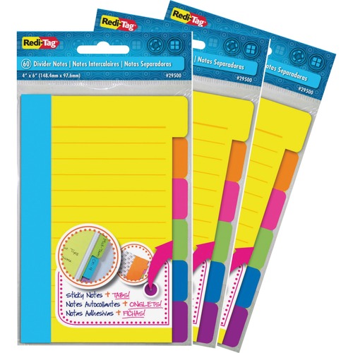 Redi-Tag Assorted Tab Ruled Sticky Notes - 10 x Blue, 10 x Green, 10 x Orange, 10 x Pink, 10 x Purple, 10 x Yellow - 4" x 6" - Rectangle - 60 Sheets per Pad - Ruled - Multicolor - Paper - Self-adhesive, Tab, Self-stick - 3 / Pack