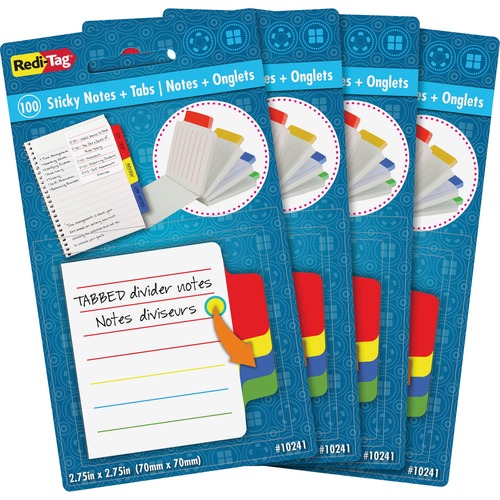 Redi-Tag Tabbed Divider Notes - 4" x 4" - Square - Ruled - Multicolor - Tab, Self-stick - 4 / Box