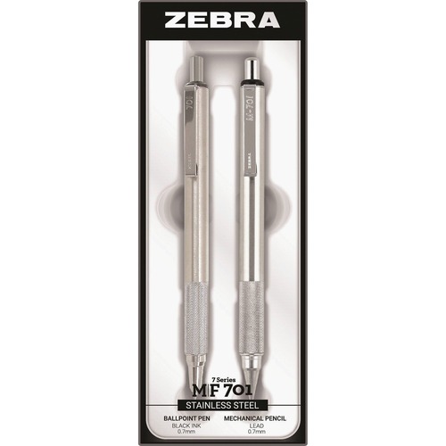 Zebra STEEL 7 Series M/F 701 Mechanical Pencil & Ballpoint Pen Set - 0.7 mm Pen Point Size - 0.7 mm Lead Size - Refillable - Stainless Steel - 2 / Set