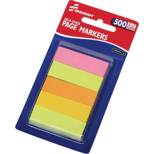 SKILCRAFT Self-stick Page Markers - 0.50" x 2" - Assorted Neon - Self-stick, Self-adhesive, Durable, Writable - 500 / Pack - TAA Compliant
