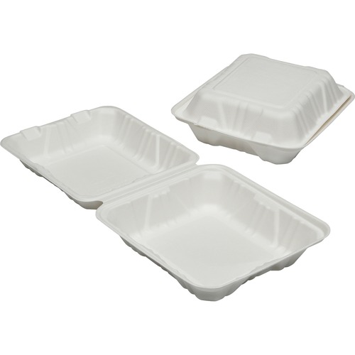SKILCRAFT® Hinged Lid Square Food Tray - Microwave Safe - White - Wood Pulp Body - 200 / Carton - TAA Compliant