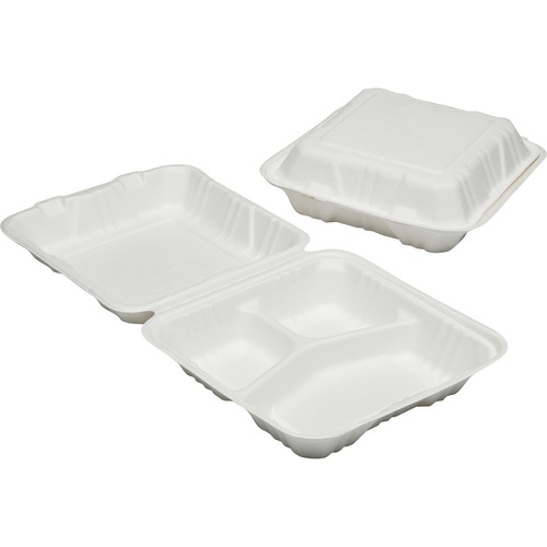 SKILCRAFT® 3-Compartment Hinged Lid Tray - Microwave Safe - White - Wood Pulp Body - 200 / Carton - TAA Compliant