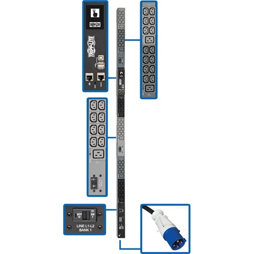 Tripp Lite by Eaton 10kW 200-240V 3PH Monitored PDU - LX Interface, Gigabit, 48 Outlets, IEC-309 30A Blue Input, LCD, 1.8 m Cord, 0U 1.8 m Height, TAA - Monitored - IEC 60309 30A BLUE (3P+E) - 6 x IEC 60320 C19, 42 x IEC 60320 C13 - 230 V AC - Network (RJ