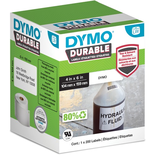 Dymo LW Durable Labels - 4 3/32" Width x 6 17/64" Length - Rectangle - Direct Thermal - White - Polypropylene - 1 Each - Water Resistant