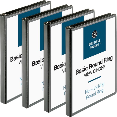 Business Source Round-ring View Binder - 1/2" Binder Capacity - Letter - 8 1/2" x 11" Sheet Size - 125 Sheet Capacity - Round Ring Fastener(s) - 2 Internal Pocket(s) - Polypropylene - Black - Sturdy, Non-glare, Exposed Rivet, Durable, Gap-free Ring, Wrink