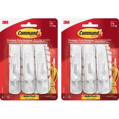 Command Medium Utility Hooks with Adhesive Strips - 3 lb (1.36 kg) Capacity - for Paint, Wood, Tile - White - 2 / Bag