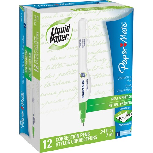 Paper Mate Liquid Paper All-purpose Correction Pen - 7 mL - Double Ball Tip, Fast-drying, Pocket Clip - 12 / Box