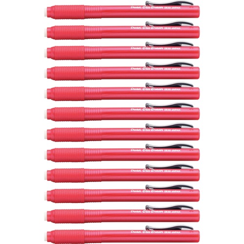 Pentel Rubber Grip Clic Eraser - Red - Pen - Refillable - 12 / Box - Retractable, Latex-free Grip, Pocket Clip, Ghost Resistant, Non-abrasive
