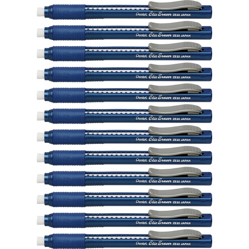 Pentel Rubber Grip Clic Eraser - Blue - Pen - Refillable - 12 / Box - Retractable, Latex-free Grip, Pocket Clip, Ghost Resistant, Non-abrasive
