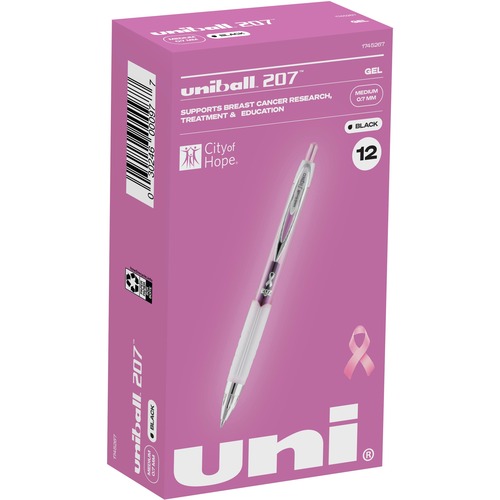 uniball™ 207 Pink Ribbon Gel Pens - 0.7 mm Pen Point Size - Refillable - Retractable - Black Gel-based Ink - Pink, Black Barrel - 12 / Box