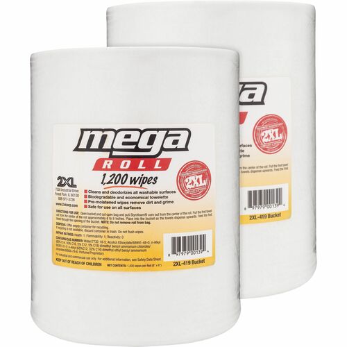 2XL Mega Roll Wipes Refill - Phenol-free, Alcohol-free, Bleach-free, Perforated - White - 1200 Roll - 2 / Carton