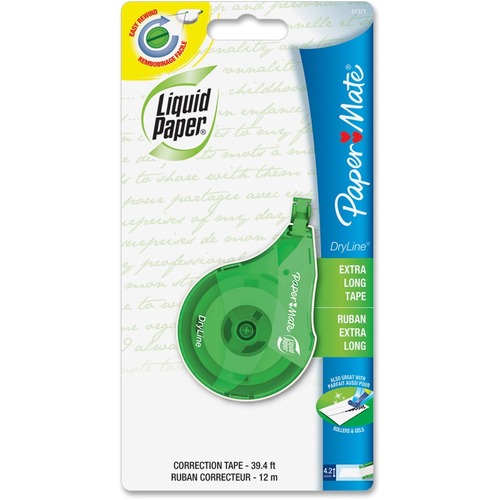 Paper Mate Liquid Paper DryLine Correction Tape - 0.16" (4.06 mm) Width x 39.4 ft Length - Green TapeTransparent Dispenser - Break Resistant, Tear Proof - 1 Each
