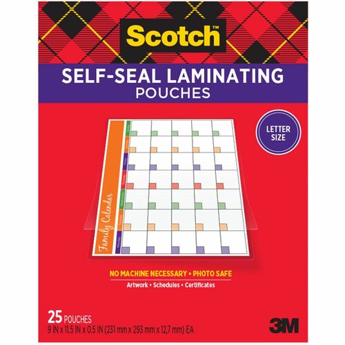 Scotch Self-Seal Laminating Pouches - Sheet Size Supported: Letter - Laminating Pouch/Sheet Size: 9" Width x 11.50" Length x 9.50 mil Thickness - Thick Gloss - for Document, Schedule, Presentation, Phone List, Certificate, Sign, Award, Calendar, Artwork -