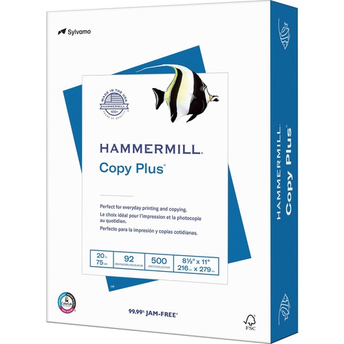 Hammermill Copy Plus Paper - White - 92 Brightness - Letter - 8 1/2" x 11" - 20 lb Basis Weight - 500 / Ream ( - Ream per Case)FSC - Acid-free, Quick Drying