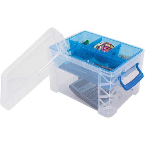 Advantus Super Stacker Divided Supply Box - External Dimensions: 10.1" Length x 7.5" Width x 6.5" Height - 5 Dividers - Lid Lock Closure - Stackable - Plastic - Clear, Blue - For Pen/Pencil, Paper Clip, Rubber Band - 1 Each