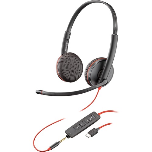 Plantronics Blackwire C3225 Headset - Stereo - USB Type C, Mini-phone (3.5mm) - Wired - 20 Hz to 20 kHz - Over-the-head - Binaural - Supra-aural - Noise Cancelling Microphone - Black