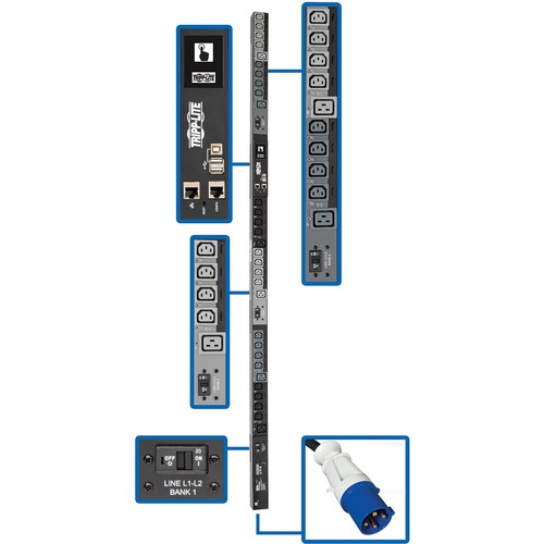 Eaton Tripp Lite Series 14.5kW 200-240V 3PH Switched PDU - LX Interface, Gigabit, 30 Outlets, IEC 309 60A Blue Input, LCD, 1.8 m Cord, 0U 1.8 m Height, TAA - Switched - IEC 60309 60A BLUE (3P+E) - 6 x IEC 60320 C19, 24 x IEC 60320 C13 - 230 V AC - 0U - Ve