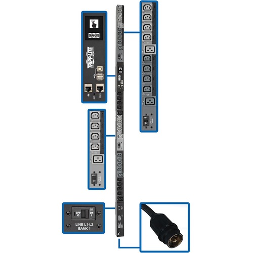 Eaton Tripp Lite Series 14.5kW 200-240V 3PH Switched PDU - LX Interface, Gigabit, 30 Outlets, Hubbell CS8365C Input, LCD, 1.8 m Cord, 0U 1.8 m Height, TAA - Switched - Hubbell CS8365C - 6 x IEC 60320 C19, 24 x IEC 60320 C13 - 230 V AC - 0U - Vertical - Ra