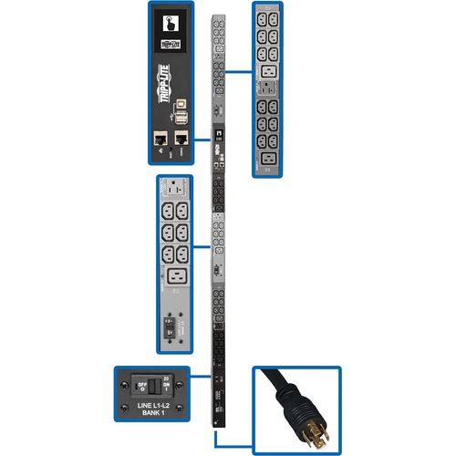 Tripp Lite by Eaton 8.6kW 208/120V 3PH Monitored PDU - LX Interface, Gigabit, 45 Outlets, L21-30P Input, LCD, 3 m Cord, 0U 1.8 m Height, TAA - Monitored - NEMA L21-30P - 6 x IEC 60320 C19, 36 x IEC 60320 C13, 3 x NEMA 5-15/20R - 230 V AC - 0U - Vertical -