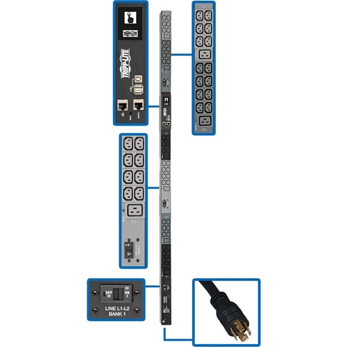 Eaton Tripp Lite Series 10kW 200-240V 3PH Monitored PDU - LX Interface, Gigabit, 48 Outlets, L21-30P Input, LCD, 1.8 m Cord, 0U 1.8 m Height, TAA - Monitored - NEMA L21-30P - 6 x IEC 60320 C19, 42 x IEC 60320 C13 - 230 V AC - Network (RJ-45) - 0U - Vertic