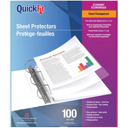 QuickFit Sheet Protector - For Letter 8 1/2" x 11" Sheet - 3 x Holes - Rectangular - Clear - Polypropylene - 100 / Box