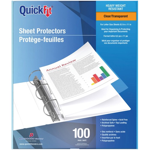 QuickFit Sheet Protector - For Letter 8 1/2" x 11" Sheet - 3 x Holes - Rectangular - Clear - Polypropylene - 100 / Box - Sheet Protectors - RGO53851