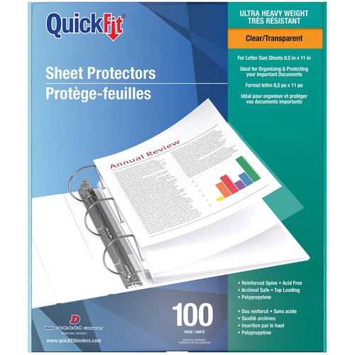 QuickFit Sheet Protector - For Letter 8 1/2" x 11" Sheet - 3 x Holes - Rectangular - Clear - Polypropylene - 100 / Box