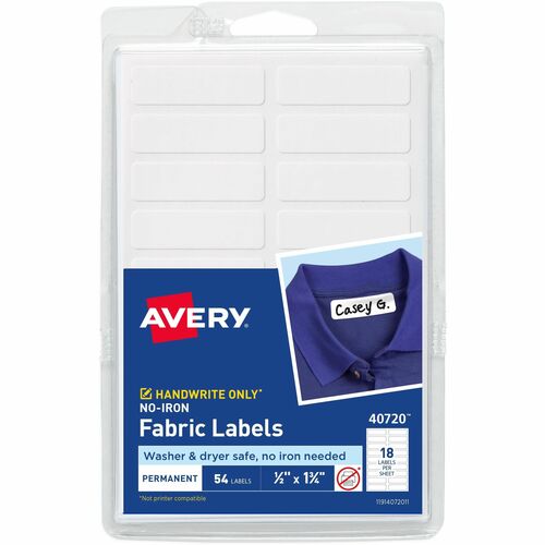 Avery® No-Iron Fabric Labels - Permanent Adhesive - Rectangle - White - Film - 18 / Sheet - 54 Total Sheets - 972 Total Label(s) - 18 / Carton