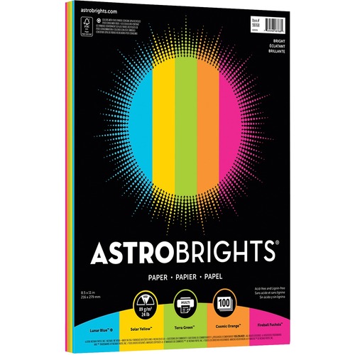 Astrobrights Inkjet, Laser Colored Paper - Cosmic Orange, Terrestrial Teal, Planetary Purple, Fireball Fuchsia, Solar Yellow - Recycled - Letter - 8 1/2" x 11" - 24 lb Basis Weight - 89 g/m² Grammage - Smooth - 100 / Pack - Green-e - Acid-free, Ligni - Copy & Multi-Use Coloured Paper - NEE98768