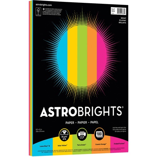 Astrobrights Color Copy Paper - 5 Assorted Colours - Letter - 8 1/2" (215.90 mm) x 11" (279.40 mm) - 24 lb (10886.22 g) Basis Weight - 89 g/m² Grammage - Smooth - Carbon Neutral, Green Seal - Acid-free, Lignin-free, Bleed Proof - Lunar Blue, Solar Ye