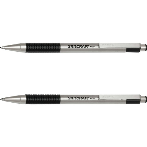 SKILCRAFT® Retractable Ballpoint Pen - 1 mm Pen Point - Retractable - Black Ink - Stainless Steel Barrel - 2 / Pack