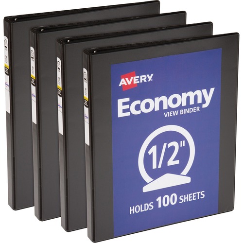 Avery® Economy View Binder - 1/2" Binder Capacity - Letter - 8 1/2" x 11" Sheet Size - 100 Sheet Capacity - Fastener(s): 3 x Round Ring - Pocket(s): 2, Internal - Vinyl, Chipboard - Black - 1 lb - Gap-free Ring, Exposed Rivet, Non Locking Mechanism, C