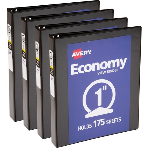 Avery® Economy View Binder - 1" Binder Capacity - Letter - 8 1/2" x 11" Sheet Size - 175 Sheet Capacity - Fastener(s): 3 x Round Ring - Pocket(s): 2, Internal - Vinyl, Chipboard - Black - 15.84 oz - Gap-free Ring, Exposed Rivet, Non Locking Mechanism,